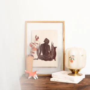 Linogravure femme et renard